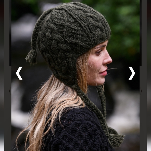 Aran Crafts Accessories - Aran Wool Chunky Cable Knit Fleece Lined Hat with Ear Flap In Army Green NWOT